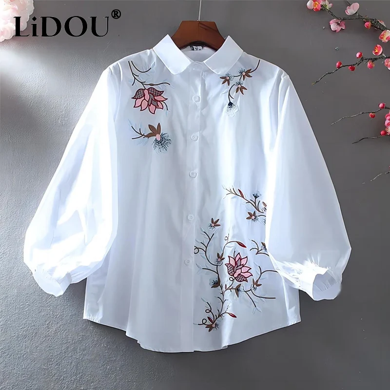 Summer New Solid Color Floral Embroidered Shirt Women POLO Collar Lantern Sleeve Single Breasted Cardigan Thin Style Loose Tops