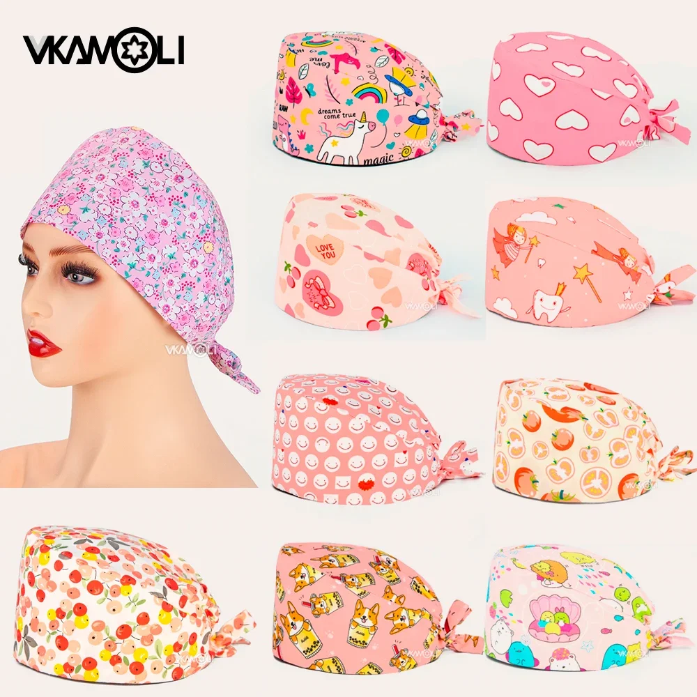 pink Printing Series Pet Veterinary Beauty Salon Hat scrub caps for lab pharmacist Working Hats surgery cap women Nurse hat