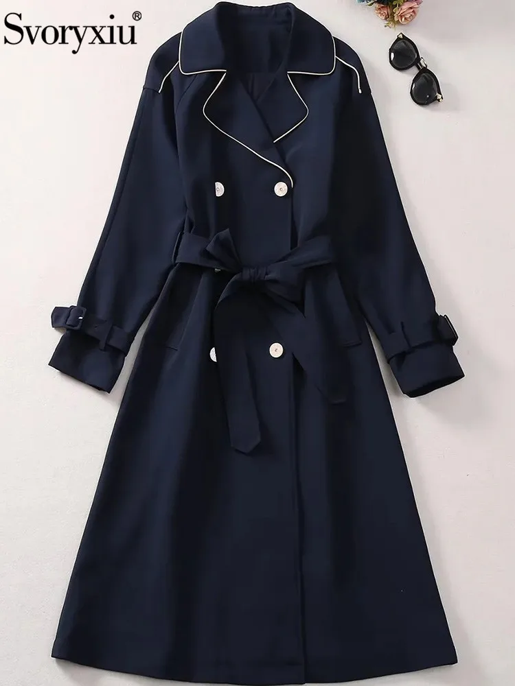 

Svoryxiu Fashion Designer Autumn Dark Blue Long Dress Women's Turn-down Collar Double Breasted Belt Pockets A-Line Long Dresses