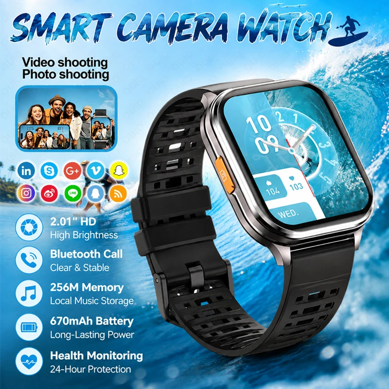 Montre connectée 2026, caméra 30W, enregistrement de photos et vidéos, sport, fitness, étanche, écran 2,01", grande mémoire 256 Mo, surveillance de la santé.