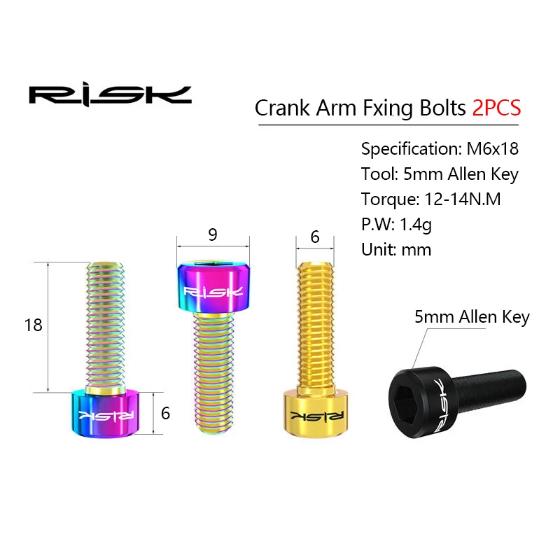 2PCS RISK Bike Bicycle Crank Arm Bolt M6x18mm Screw Titanium Alloy For Integrated Hollow Crankset