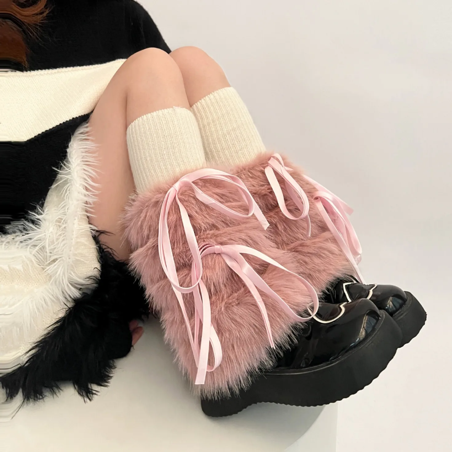 Autumn And Winter Strap Hairy Leg Cover Medium Tube Y2k Spicy Girl Thickened Imitation Rabbit Hair Fur Socks White Warm Women