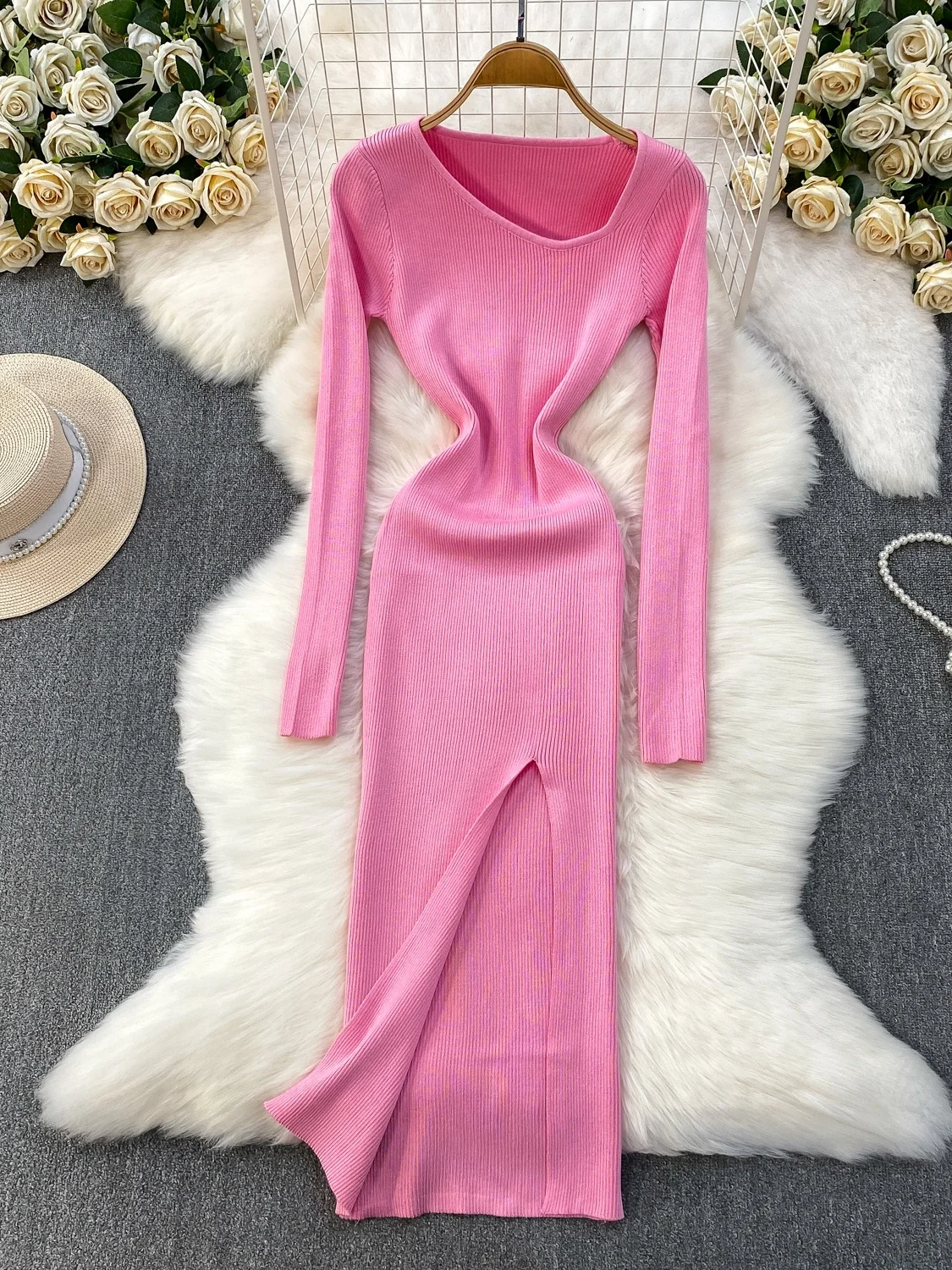 Elegant Knitted Dress Women's Autumn Winter High Waist Side Slit Long Skirt Korean Style Ladylike Pure Desire Asymmetrical Ne...