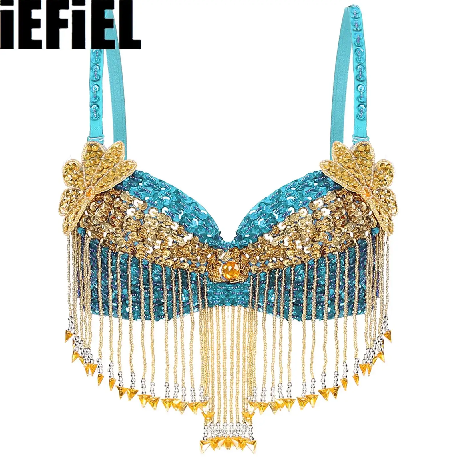 

Женский блестящий топ для танца живота, блестящий регулируемый бюстгальтер на бретелях с пластиковыми бусинами и кисточками на косточках