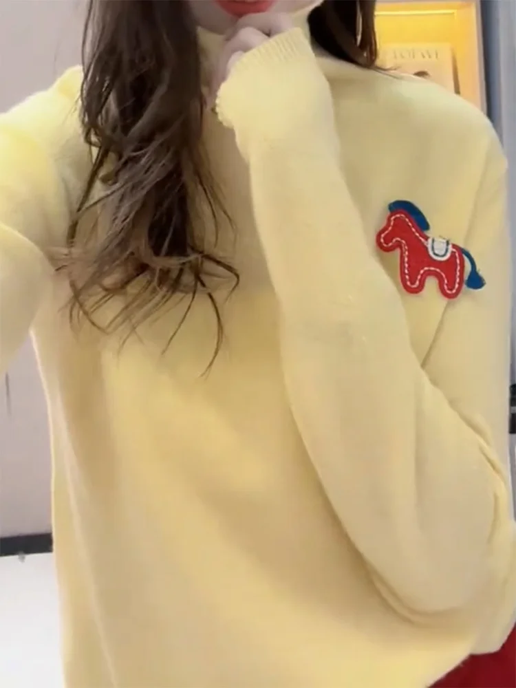 

Korean Style Lazy Cartoon Half High Neck Sweater Autumn Winter New Large Size Elegant Slimming Top Women's Fashion Woolen Kni...