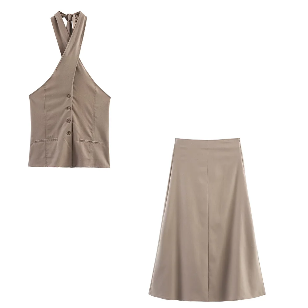 

European and American style 2025 summer new product women's linen hanging neck collar vest style top high waist skirt set