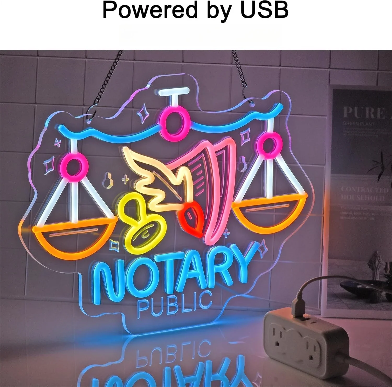 Notary Public Neon Sign Justice Scale Quill LED Wall Art USB Powered Legal Office Decor Business Shop Aesthetic Hanging Light