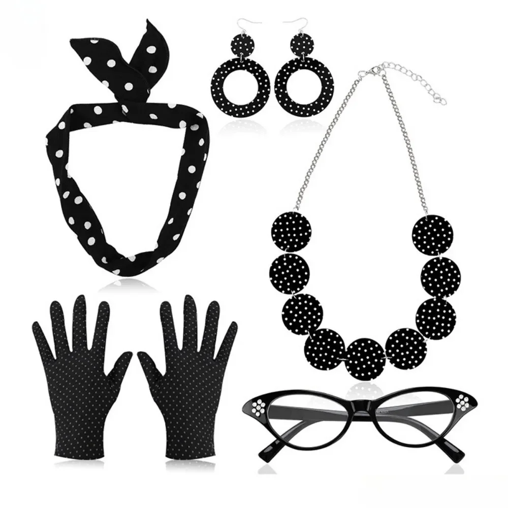 50s Disco Cosplay Costume Accessories Cat Eye Glasses Polka Dot Bandana Tie Headband Earrings Halloween Carnival Party Role Play