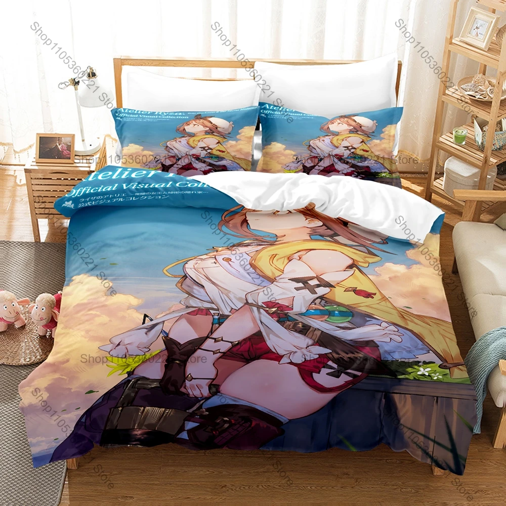 Fantasy Alchemy Game Atelier Ryza Character Duvet Cover + 2 Pillowcases Soft Microfiber Teen Game Room Bedding Alchemist Girl