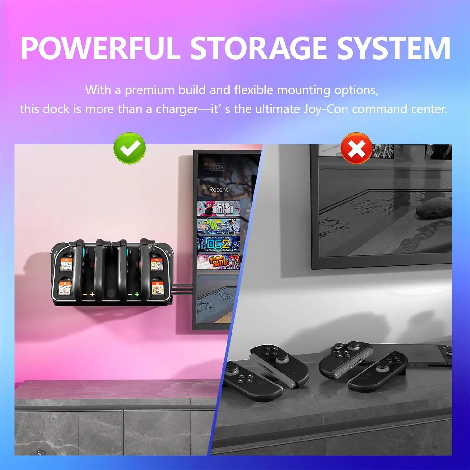 قاعدة شحن مثبتة على الحائط لجهاز نينتندو سويتش 2 2025 - مع محطة شاحن Joy Con المغناطيسية RGB مع 4 حامل تخزين لبطاقات الألعاب