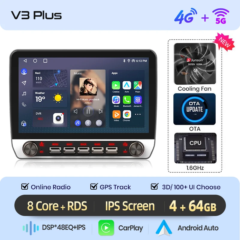 Junsun 10.1 "Draadloze Carplay Android Auto Autoradio voor Fiat Ducato 2006 2007-2013 Stereo met knoppen Bluetooth GPS Navi 4G DSP