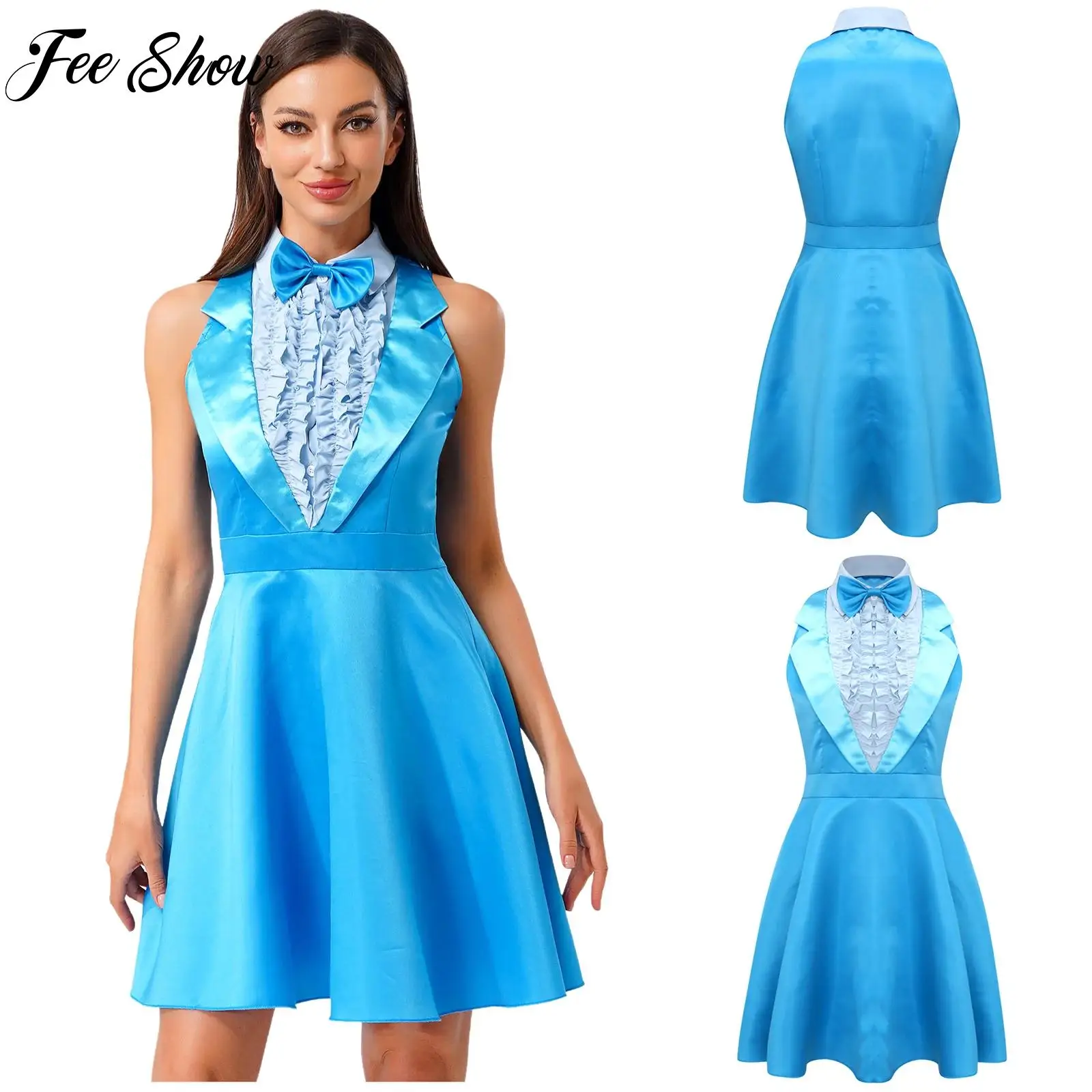 

Adult Women's Halloween 70s 80s Dumber Cosplay Dress And Bowtie Lapel Set 2025 Sleeveless Festival Dress-up Party Raves Clothes