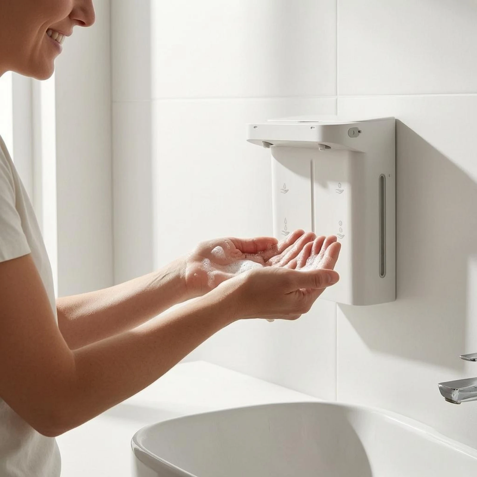 

Wall-Mounted Foam Soap Dispenser Dual Outlet Touchless Foaming Dispenser Wall Mounted Soap Pump Liquid Level Window