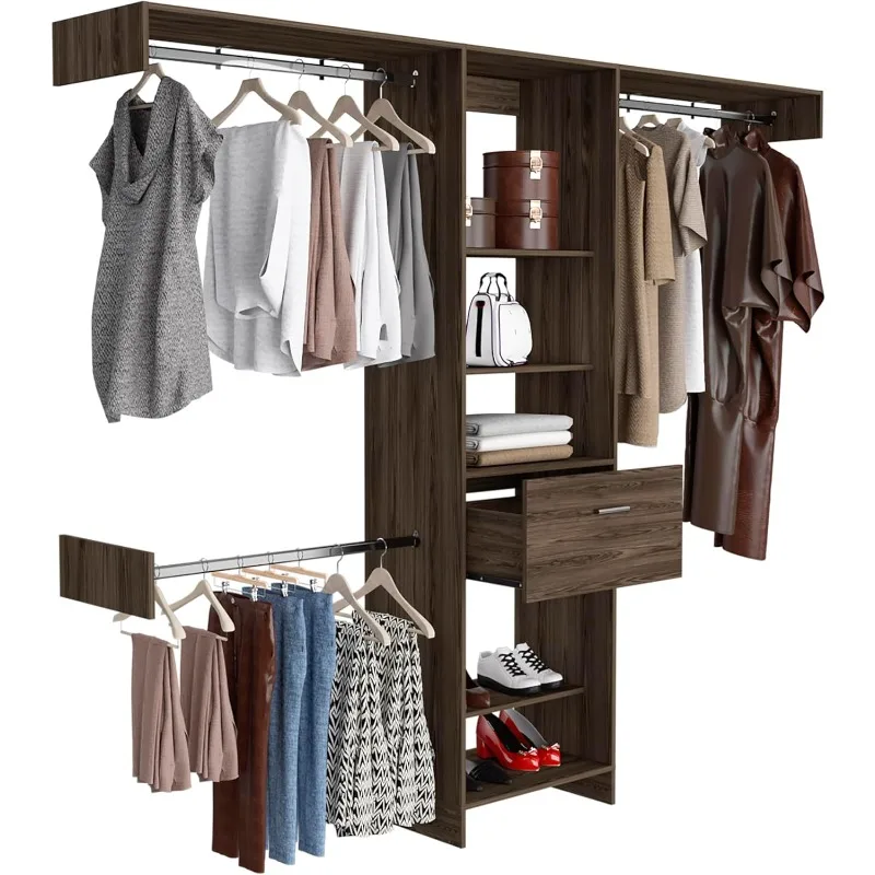 

7FT Walk in Freestanding Closet Organizer with 5 Shelving Towers/1 Storage Drawers,Heavy Duty Clothes Built-in Garment Rack