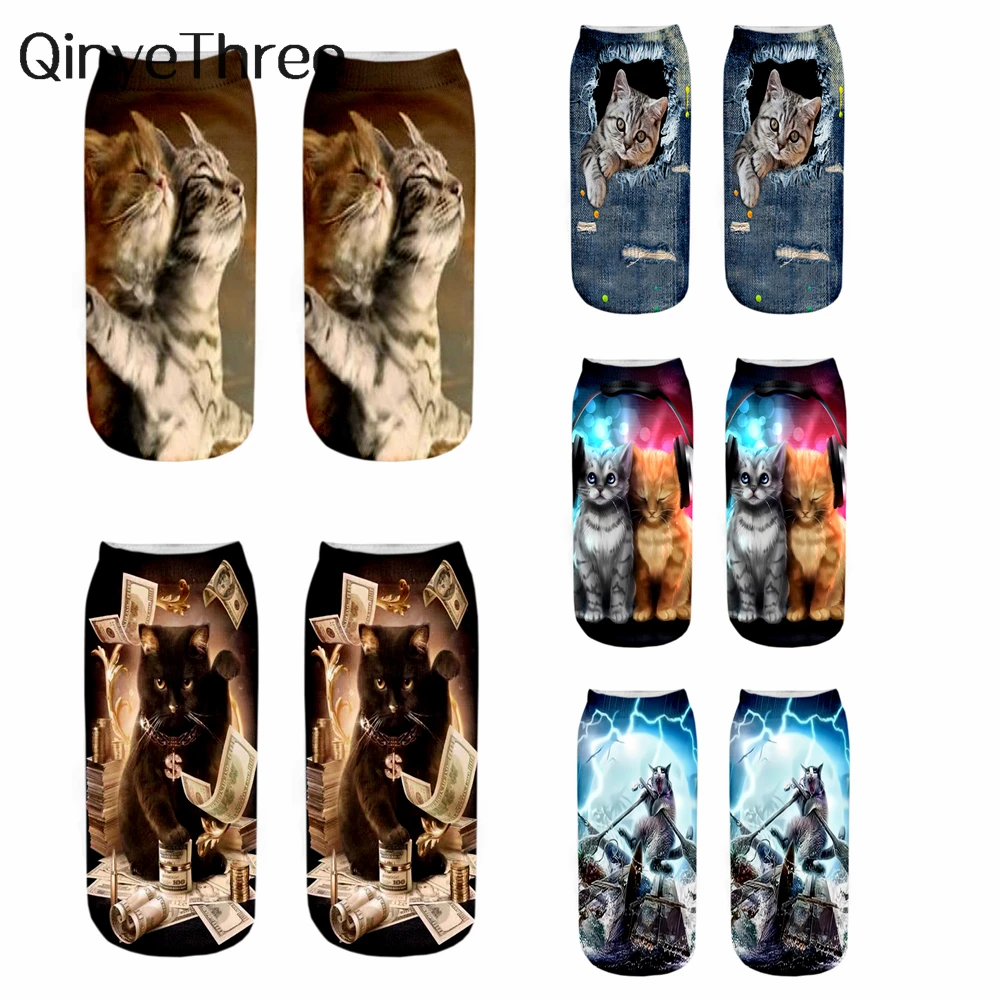 New 3D Printed Cool Fashion Funny Playful Cats Socks Women Short Sokken Art Novelty Romantic Gift Dropship