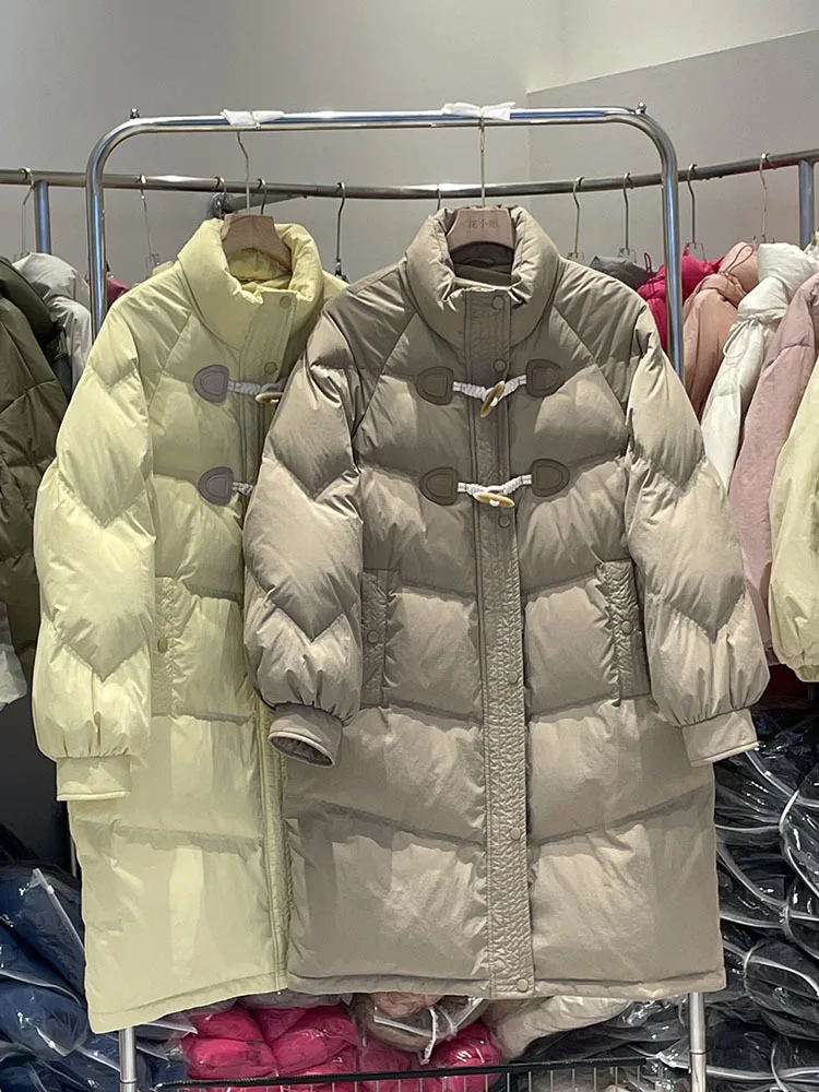 Horn Button Parkas for Women Fall Winter 2023 New Fashion Stand Collar Long Jackets Casual Chic Solid Zipper Down Coats