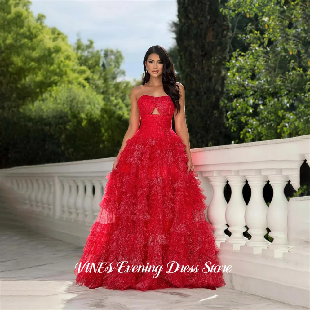 

VINES Red A Line Prom Dresses Cutout Bodice Evening Dress Sleeveless Party Dress Glitter Tiered Tulle Robe De Soirée Customized