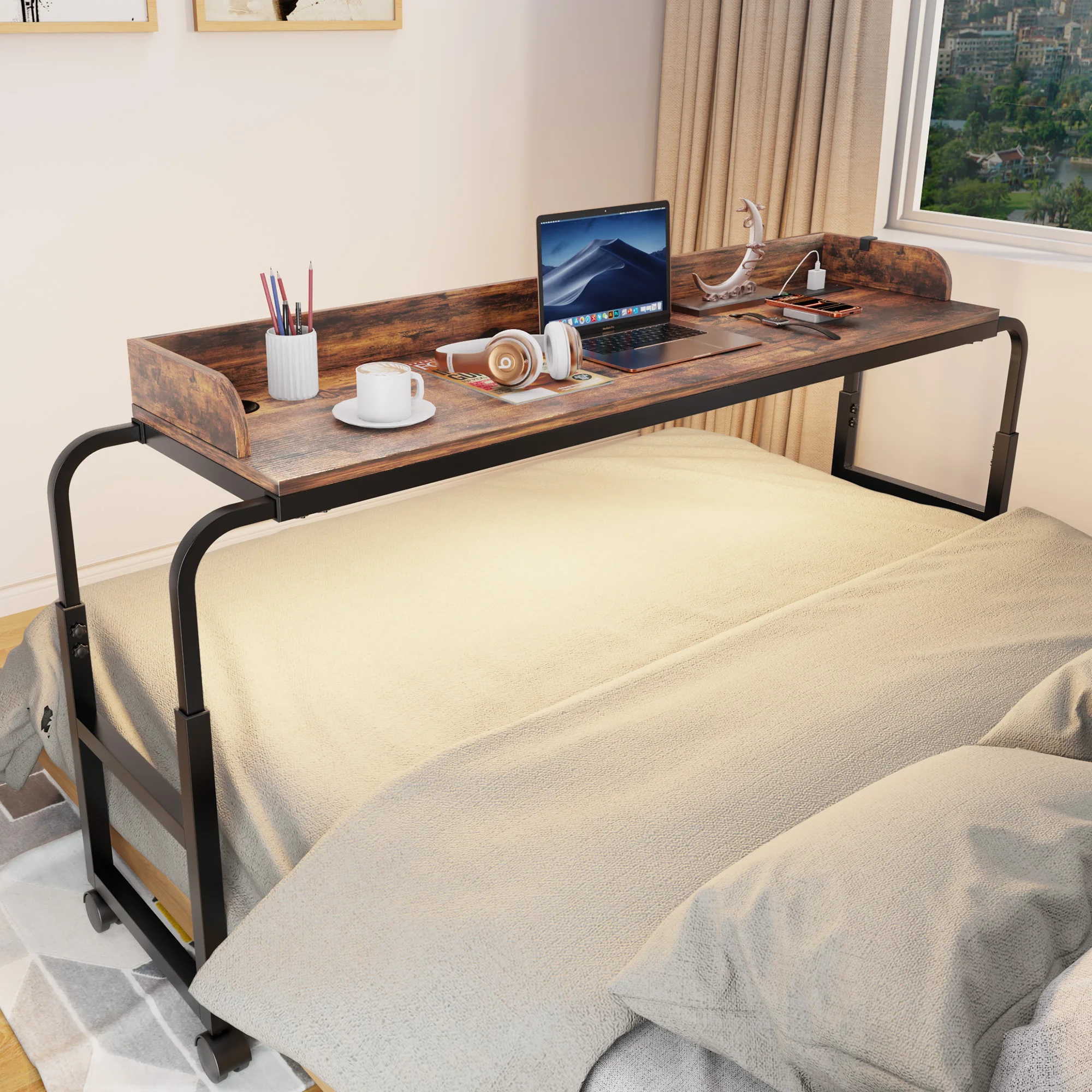 

Overbed Table with Wheels, Mobile Bed Table with with Charging Station & LED Light, Adjustable Height Length