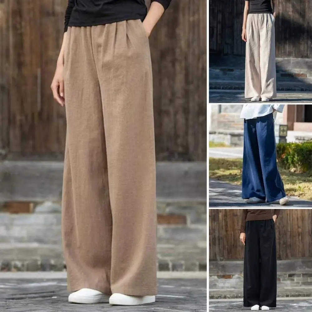 

2024 Women Casual Cotton Linen Straight Wide Leg Pants Loose Elastic Waist Spring Vintage Solid Pantalon Fashion Long Trousers