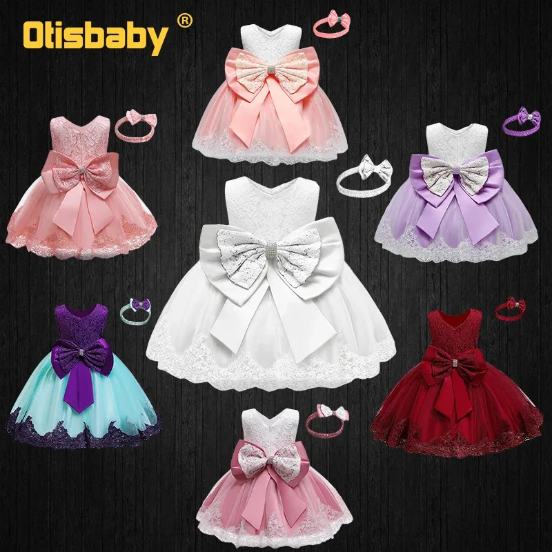 

2Pcs/Set 1 - 5 Years Baby Girl Lace Flower Birthday Party Christening Dresses with Bow Infants Ball Gown Elegant Newborn Dress