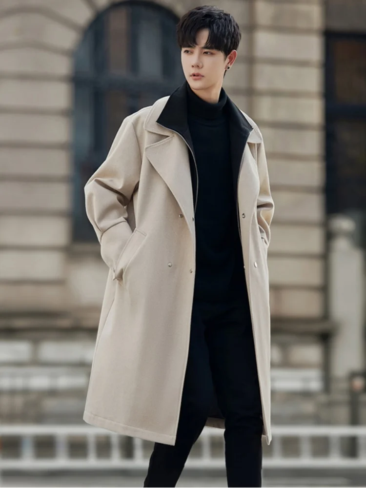

Men's Mid-Length Woolen Coat Briti Sle Windbreaker Autumn Winter High-End Feeling Long Over-Knee Fake Two-Piece Suit Jaet