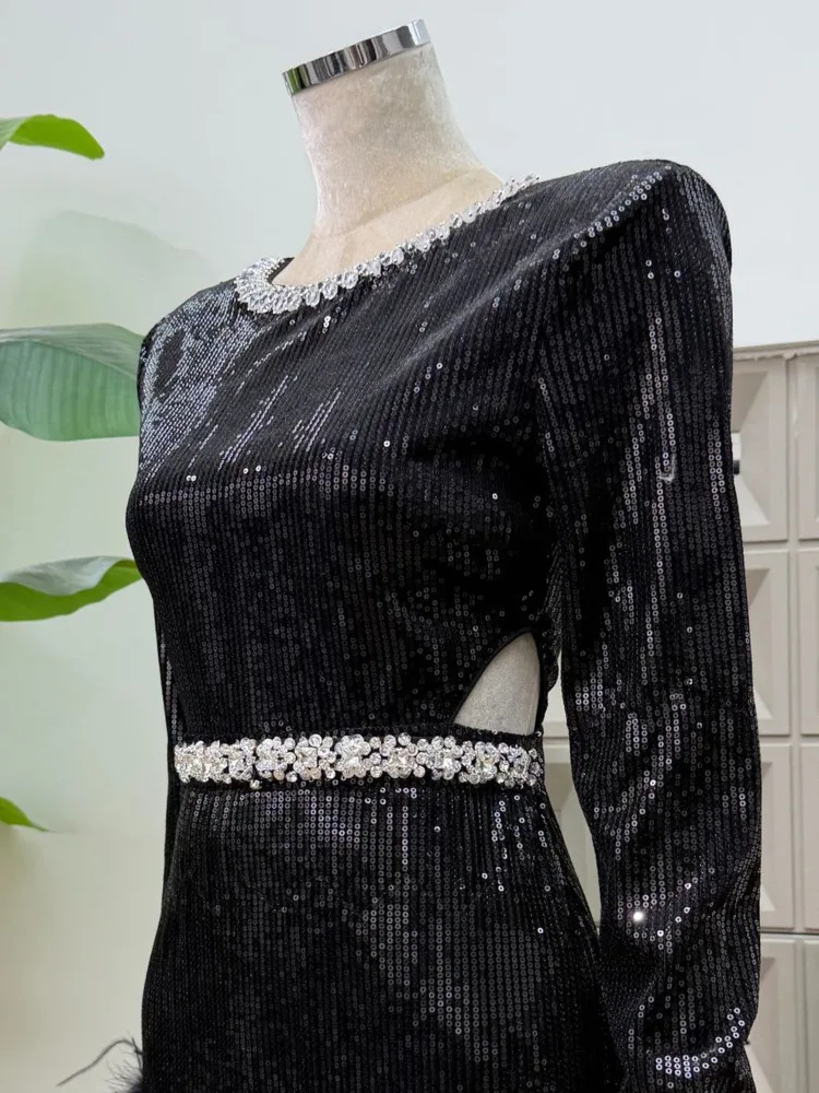 DFDG 2025 automne femmes concepteur robe à paillettes à manches longues col rond Sexy culture découpé moulante Maxi robe de soirée robe