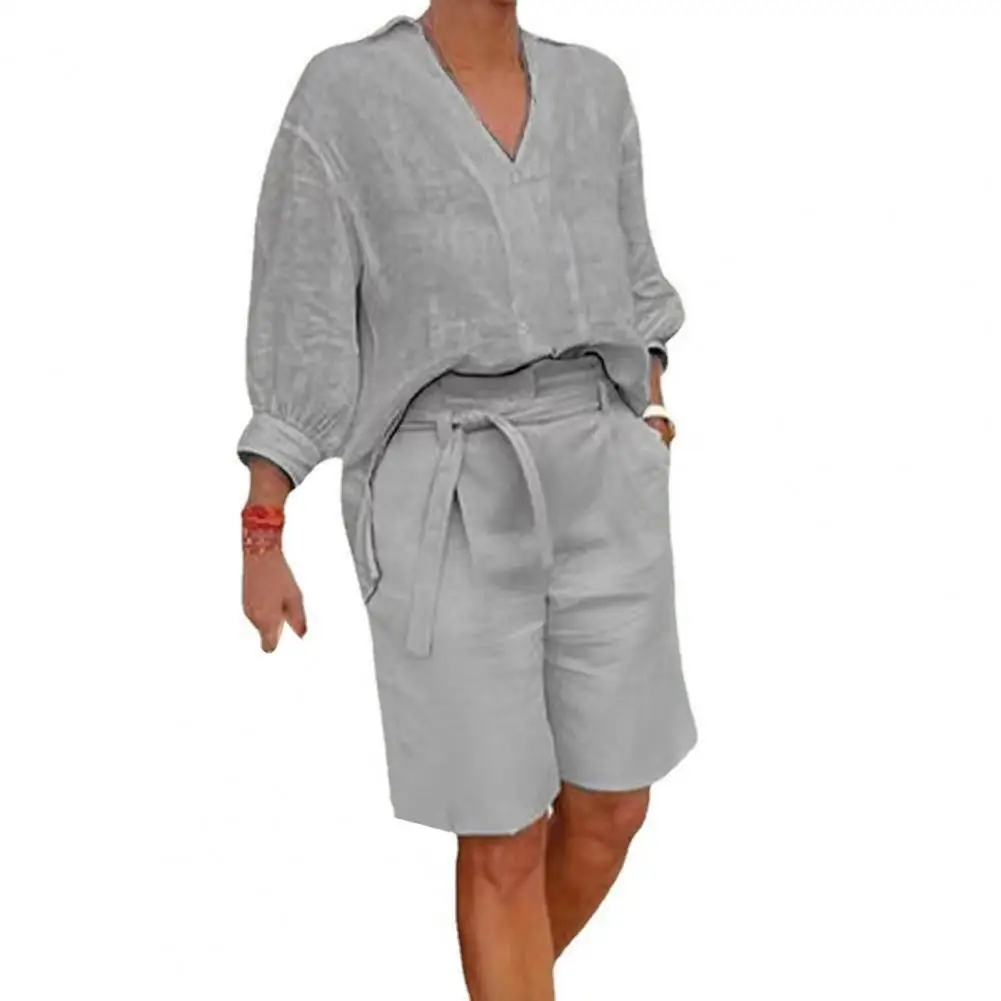 

Женский комплект из 2 предметов, рубашка и шорты с рукавом три четверти, блузка с V-образным вырезом и свободные брюки до колена с высокой талией, повседневный наряд