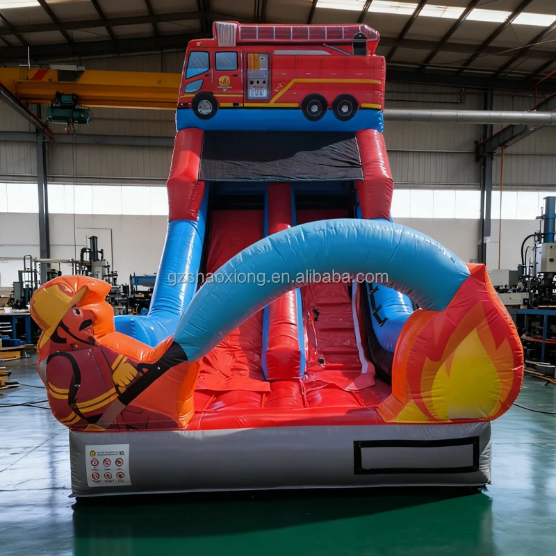 Factory Commercial PVC Outdoor Inflatable Wet Dry Bouncer Fire Fighting Theme Water Slide for Kids Inflatable Castle Slide