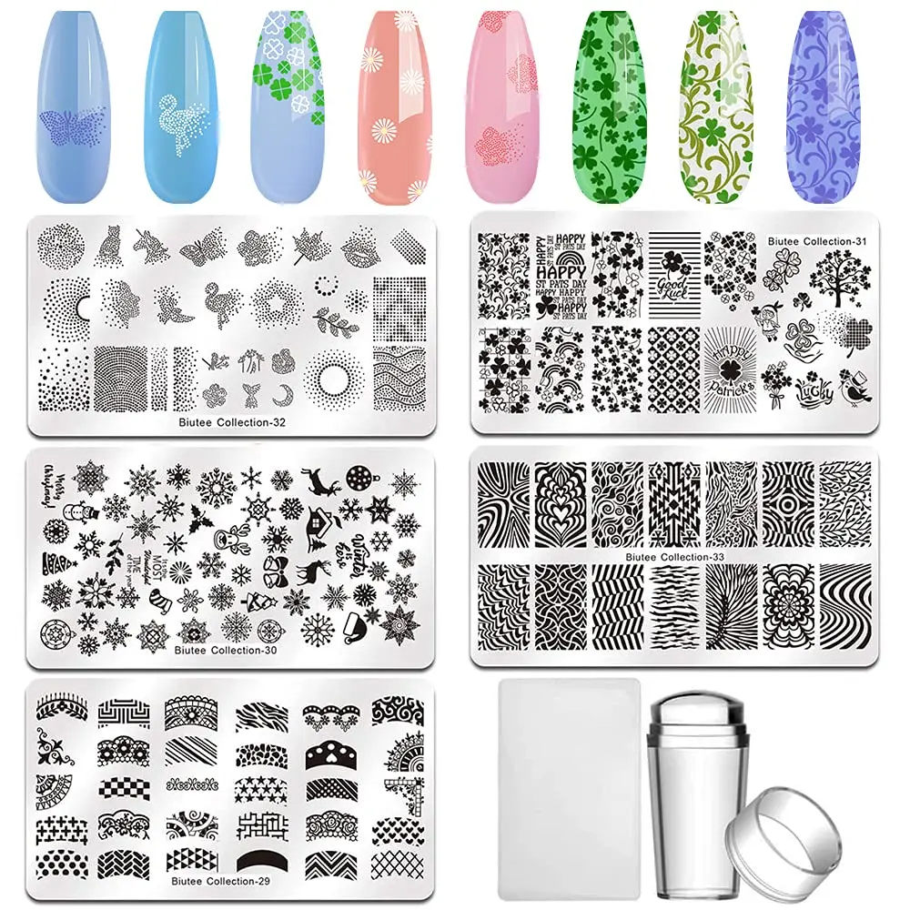 

Biutee 5pcs Nail Art Templates Stamping Plate Leaf Flower Animal Glass Christmas Maple Print Template Jelly Stamper Scraper Kit