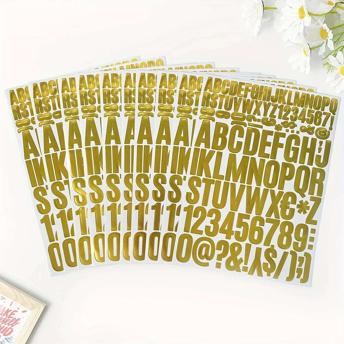 10 Sheets Elegant Gold Foil Letter Sticker, 1020 Pcs Mixed Sizes Self-Adhesive Vinyl Letters for Graduation Hat Decor.