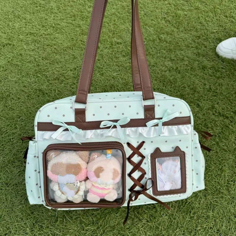 Anime Ita-Tasche mit transparentem Sichtfenster, Schultertasche mit Polka-Dot-Muster, Schleifen- und Spitzenbesatz, süße Lolita-Handtasche für Mädchen – Detail 5