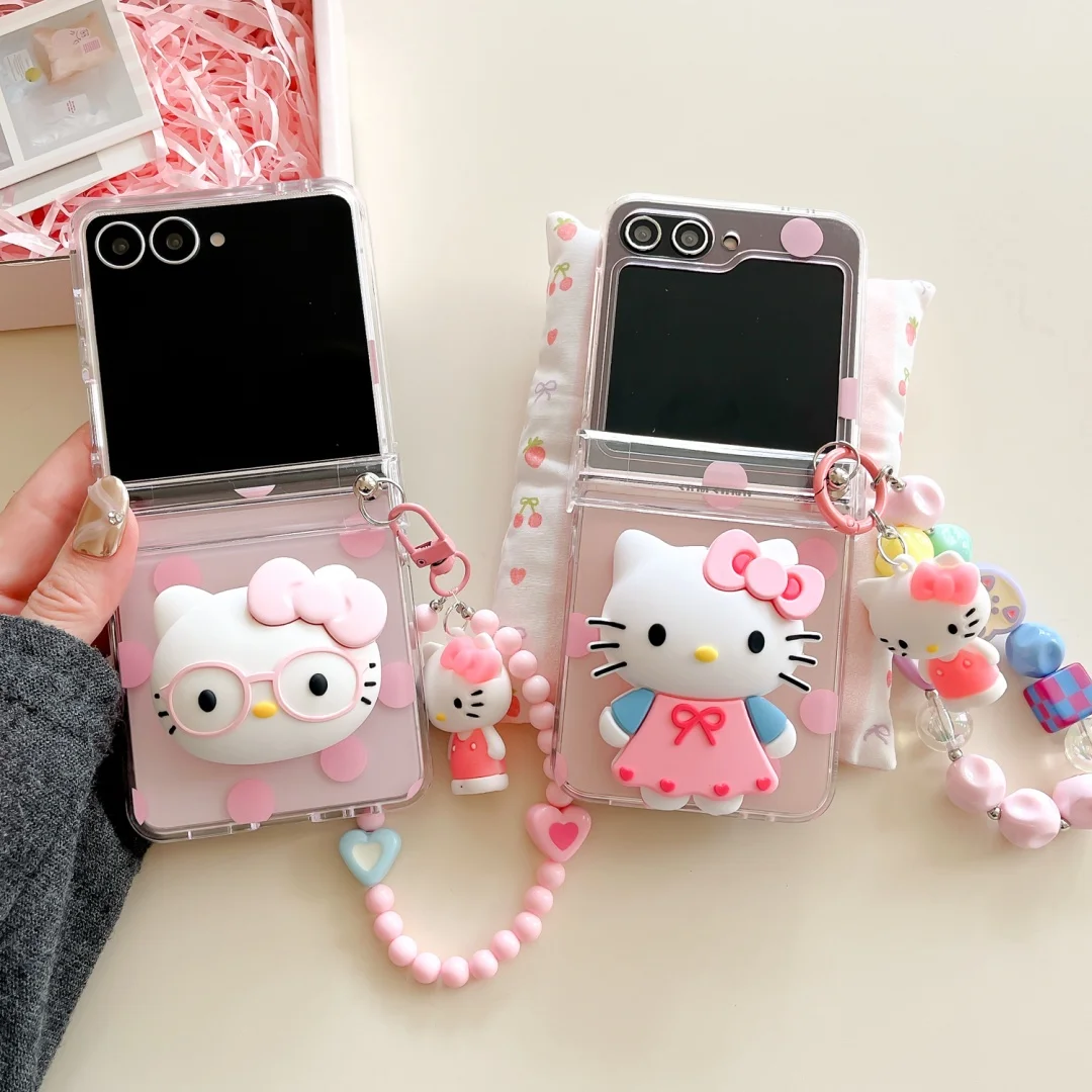 

Korean Cute 3D Hello Kitty Mini KT Doll Stand Pendant Cases For Samsung Galaxy ZFlip7 6 Flip5 Flip6 Z Flip4 3 Flip7FE Cover