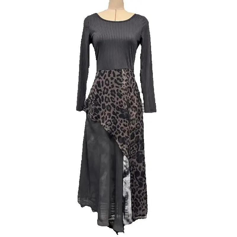 Lente sexy splitsen luipaardprint lange jurk vrouw elegante o hals hoge taille feestjurken herfst lange mouw ruche maxi-jurk - afbeelding 2