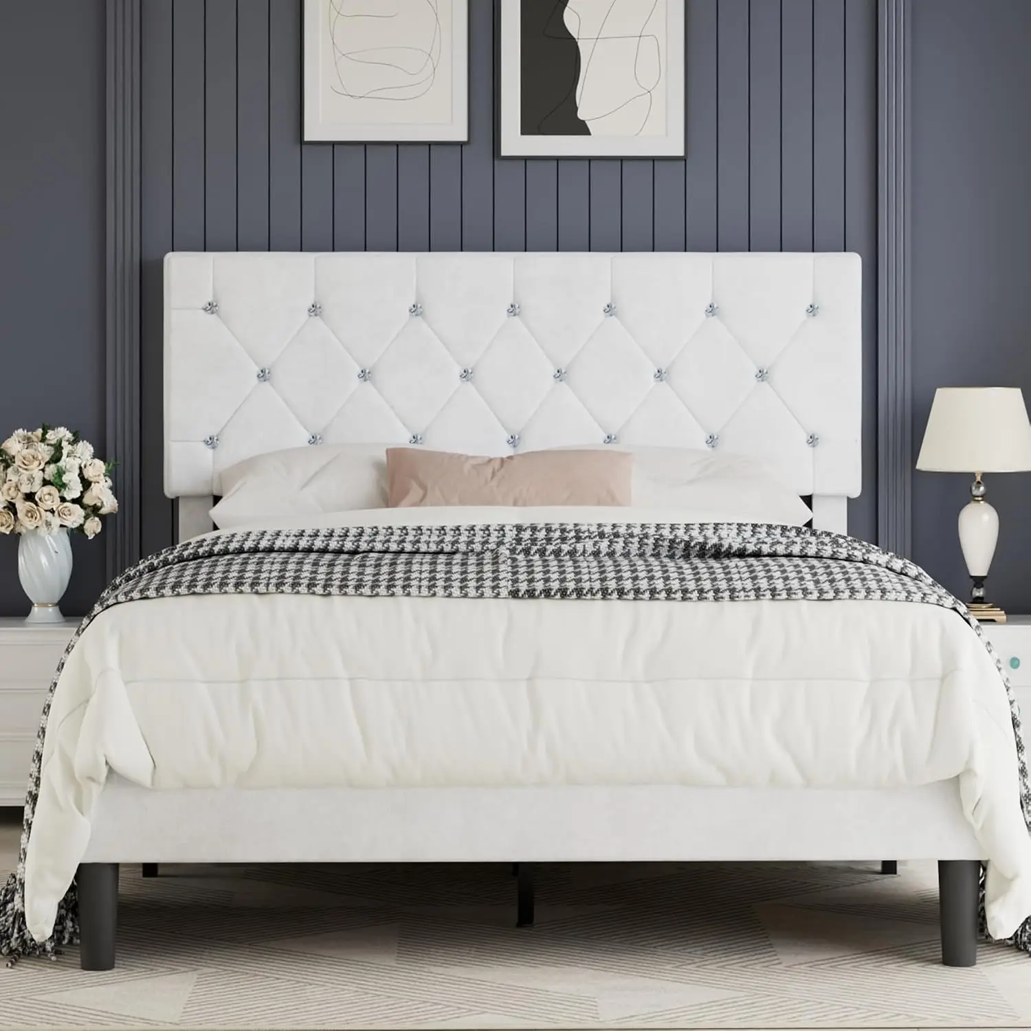 Diamond Tufted Upholstered Platform Bed Frame Full Size Wood Slat Support No Box Spring Velvet White, Customized