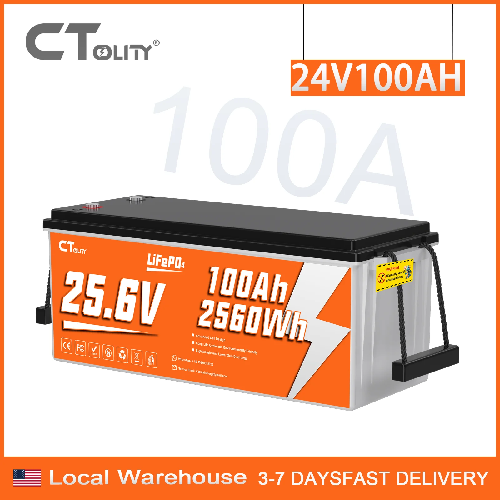 24V 100Ah LiFePO4 Lithium Battery, 2560Wh Deep Cycle Energy Storage with Built-in BMS, 4000+ Cycles for Solar System, RV, Marine & Off-Grid Backup Power