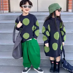 2024 Autumn Winter Children Sibling Look Sweater Knitted Dots Baby Boy Pullover Top Loose Thick Cotton Hoodie Dress Kids Sweater