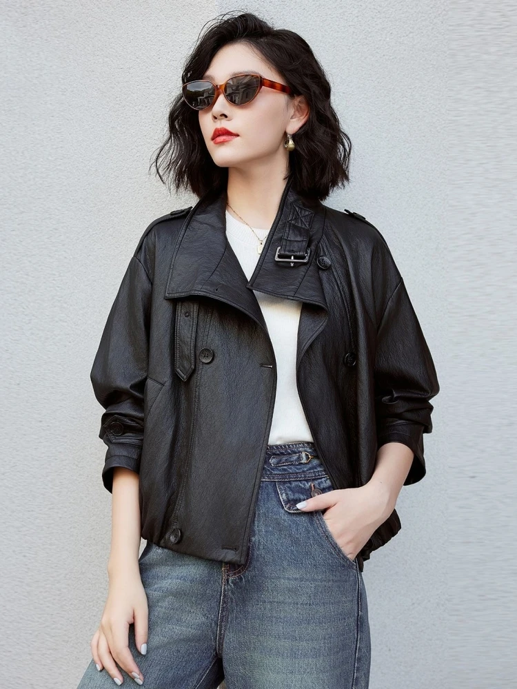 Casual Loose PU Leather Jaet Brown Stand Collar Women's Spring Autumn New Sle Retro Hong Kong Sle Leather Coat