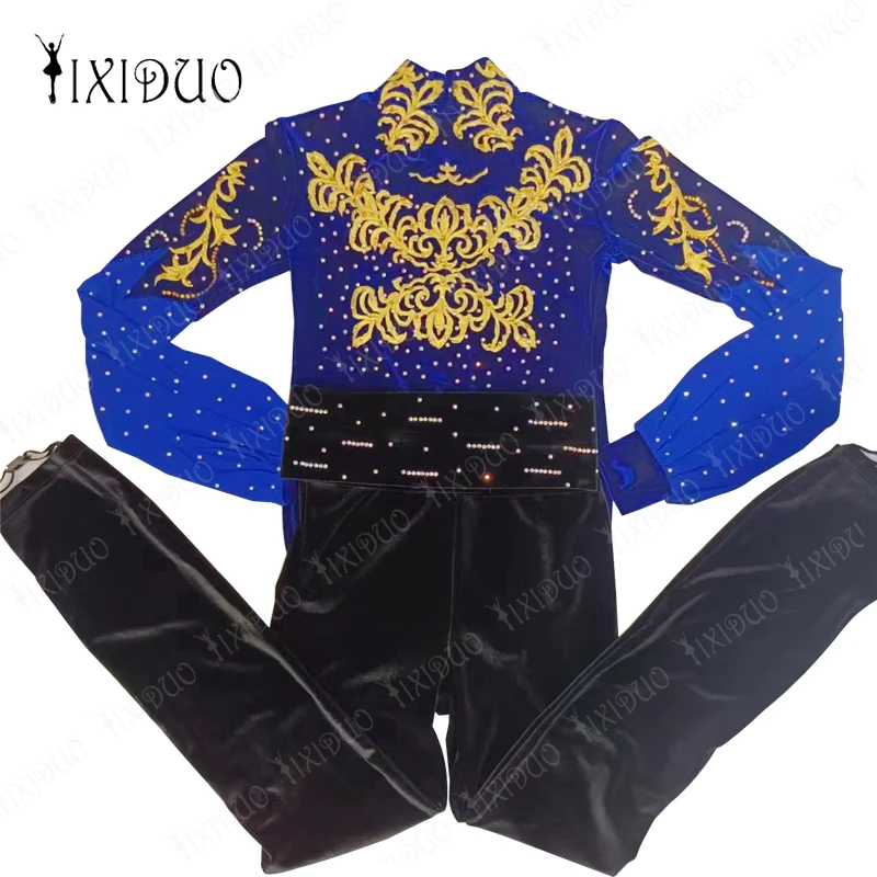 Figure Skating Performance Costume Ballet Dance Gymnastics Yoga Leotard Long Sleeve Shiny Rhinestone Men\'s Skating Suit + Pants