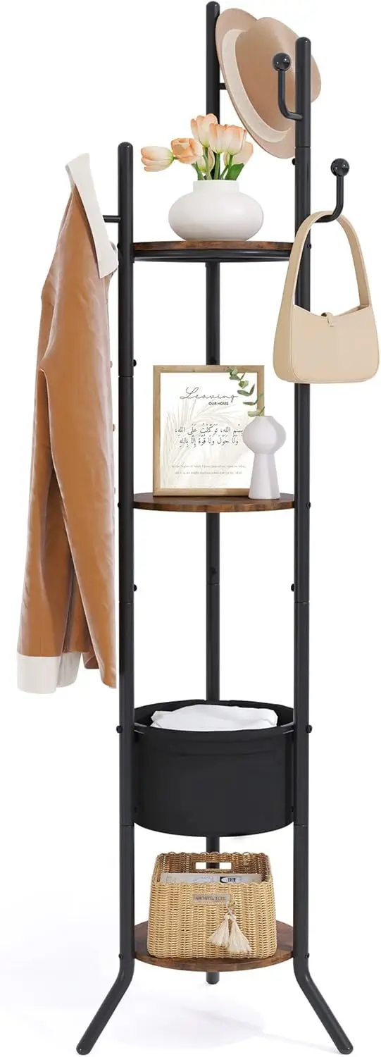 

Coat Rack Freestanding, Round Coat Rack with 3 Wooden Shelves and 1 Fabric Basket, Metal Clothes Tree , Brown and Black
