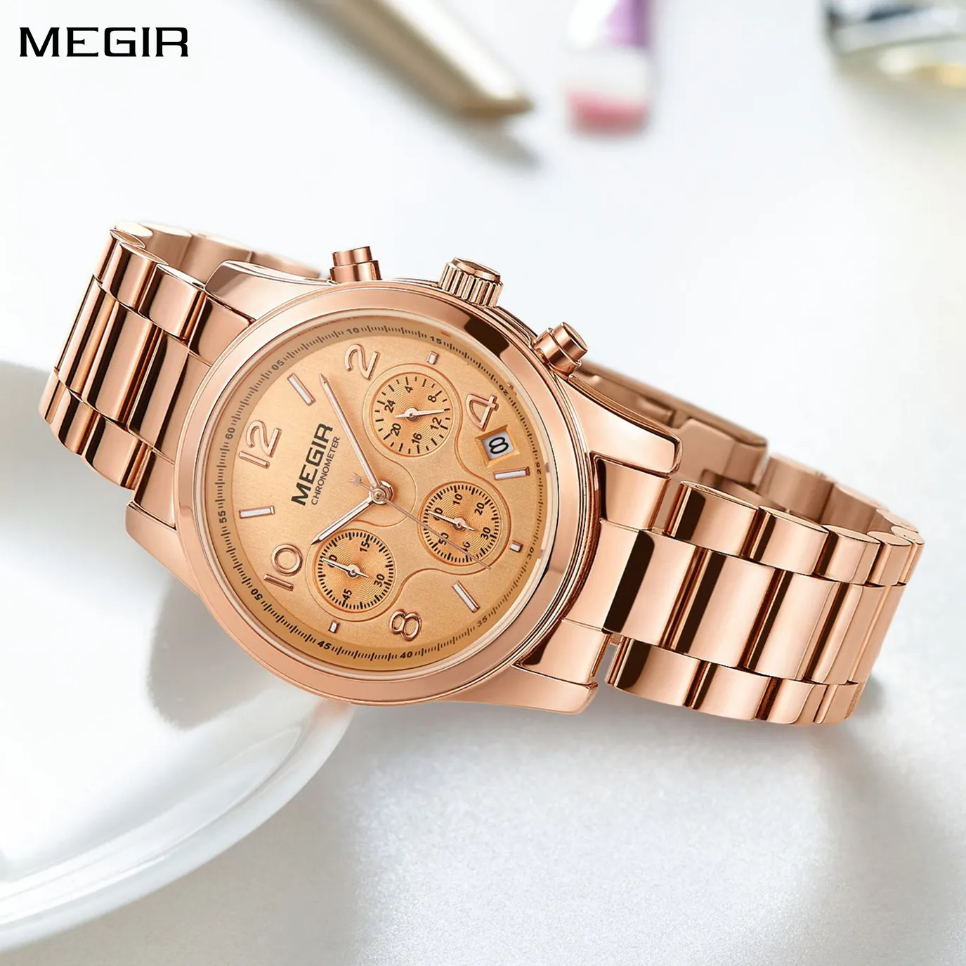 MEGIR 2057 Beautiful Women's Quartz Watch Chronograph Automatic Date Design Classic Stainless Steel Fashion Watches for Woman