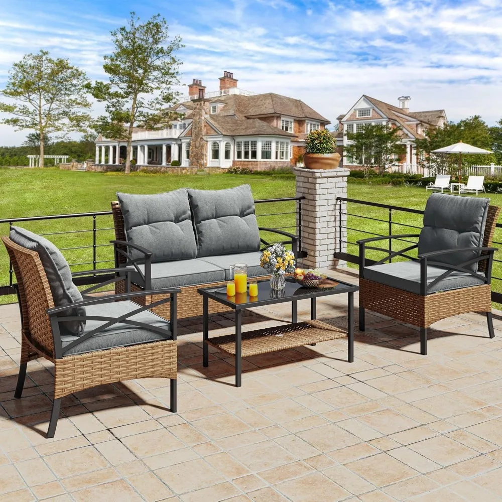 

4-Piece Patio Furniture Wicker Outdoor Bistro Set, All-Weather Rattan Conversation Loveseat Chairs for Backyard, Balcony and De