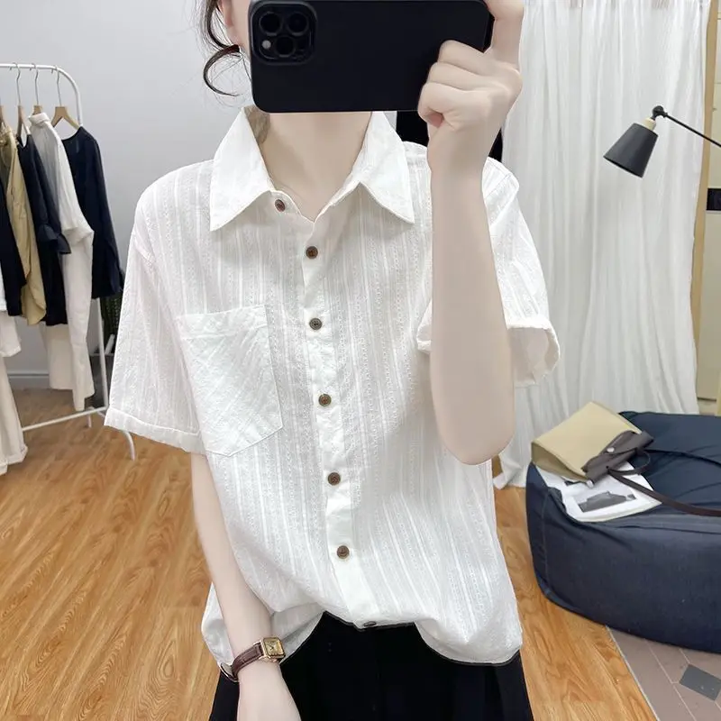 2024 New Summer Retro Korean Style Simplicity Office Lady Loose Women\'s Shirt Print Button Pockets Lapels Short Sleeve Y2K Tops