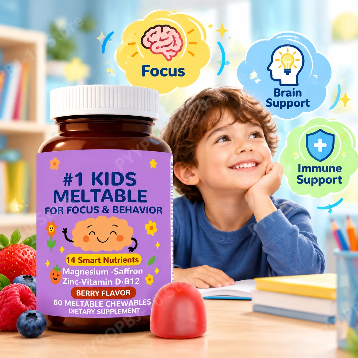Kids Multivitamin Gummies for Focus, Brain & Immune Support with Saffron, Magnesium Glycinate & L-Theanine, Berry, 60 Gummies