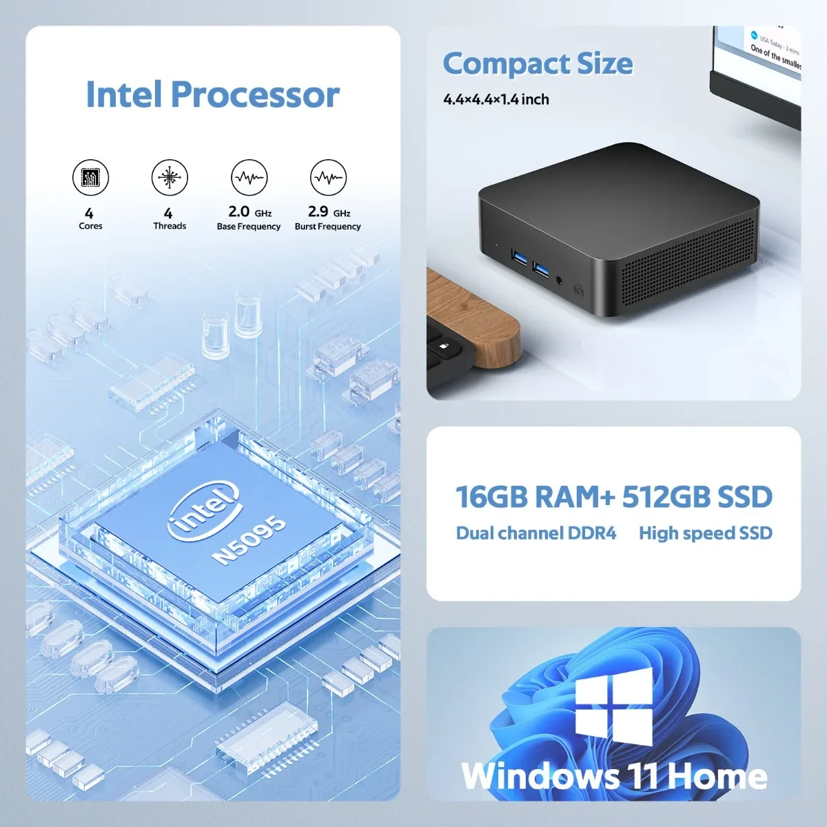 New Portable Computer Intel Windows 11 Wireless WIFI Bluetooth 11th Gen N5095 Mini PC Desktop Gaming Computer DDR4 16GB 1TB SSD