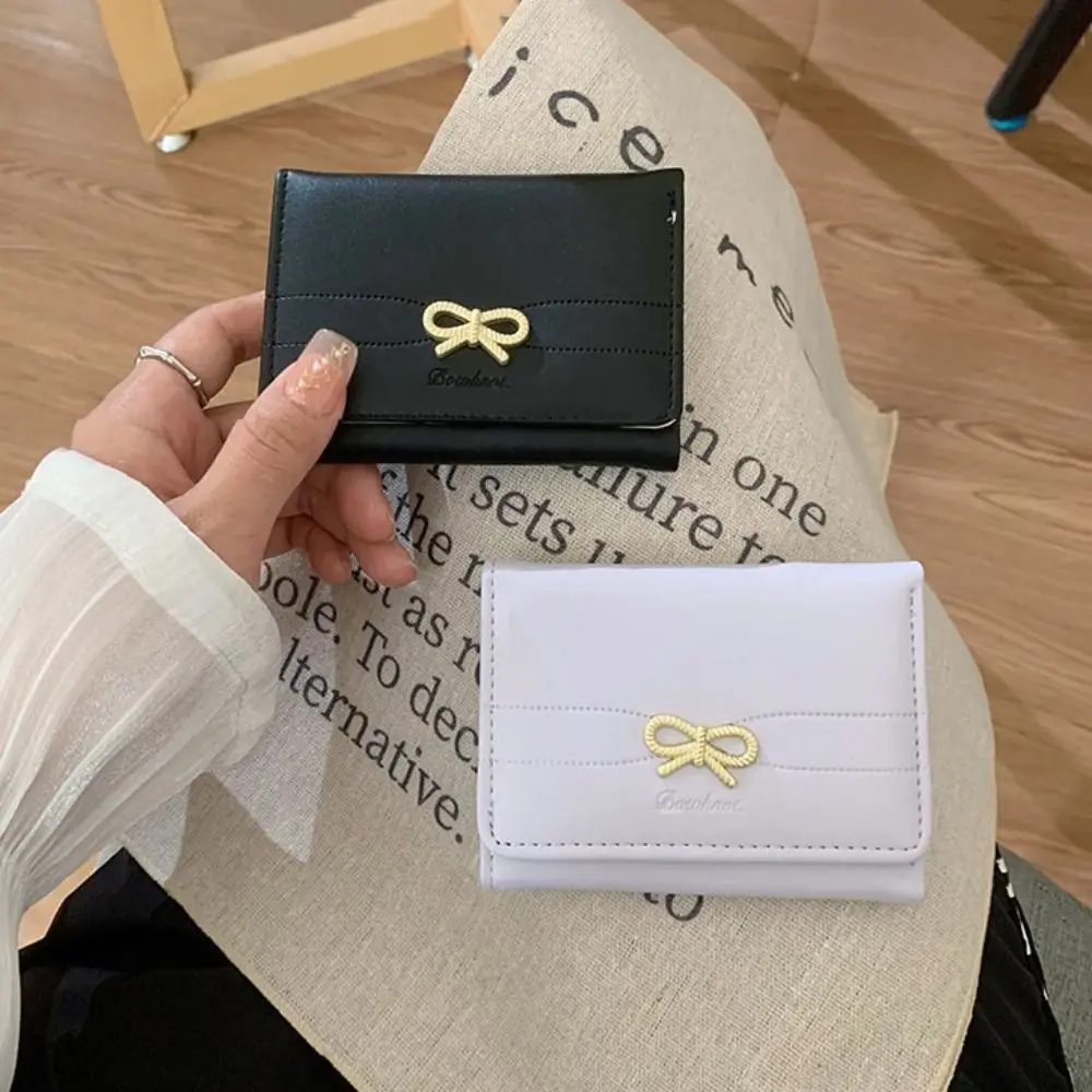 Simple Bow Short Folding Card Bag Candy Color PU Card Holder Multifunctional Solid Color Trifold Wallet Ladies