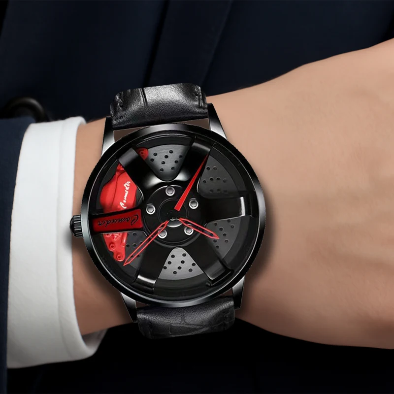 Un orologio al quarzo analogico da uomo con cinturino nero alla moda con ruota da corsa hip hop