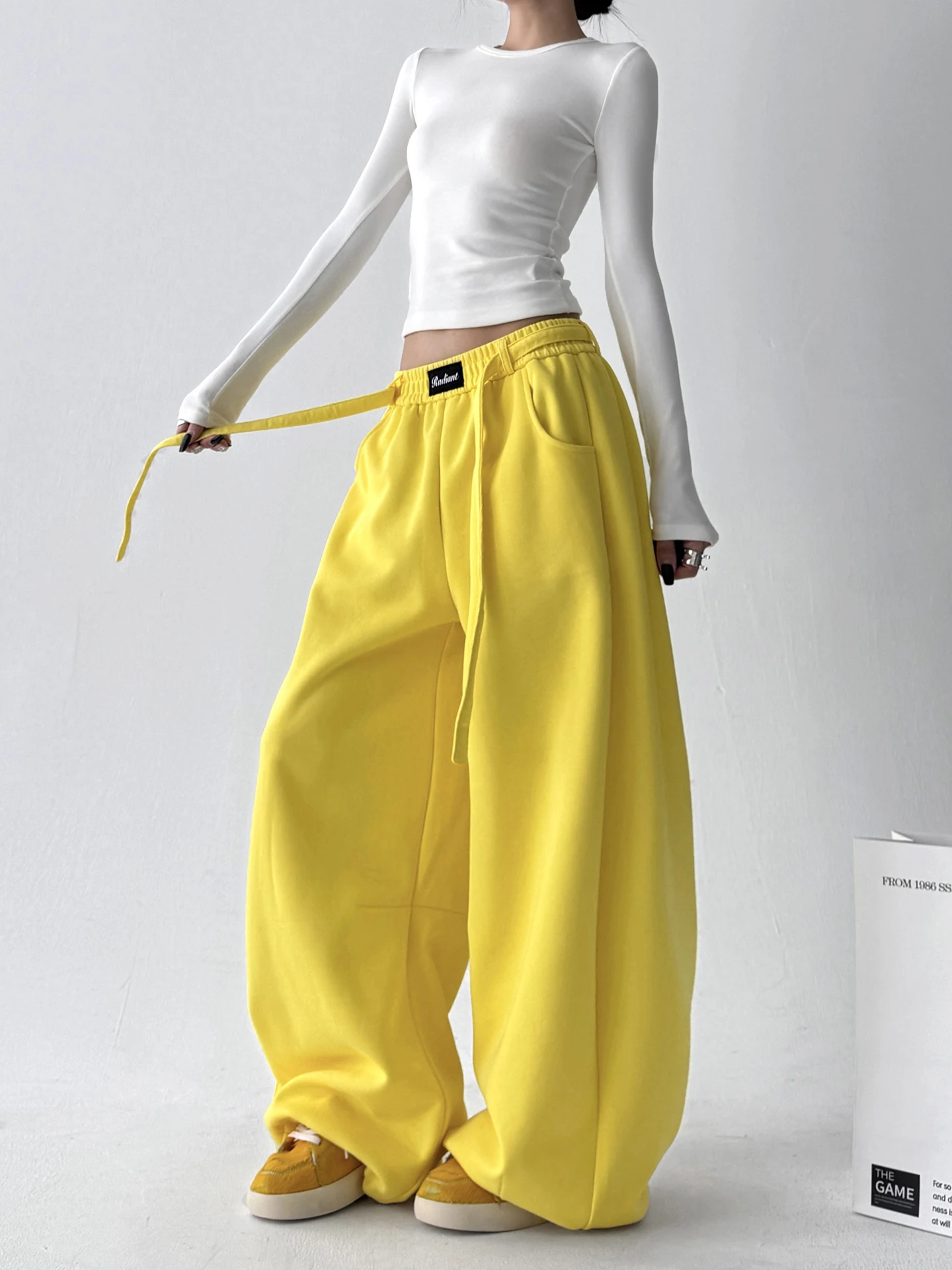 Pantalon à jambes droites et larges pour femmes, jaune, décontracté, amincissant, taille haute, mélange de coton et de Polyester
