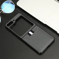 Leather Hard Shell Phone Case for Samsung Galaxy Z Flip 6 5 Flip6 Flip5 Flip4 Flip3 with Card Holde Fall Protection Sleeve Cove