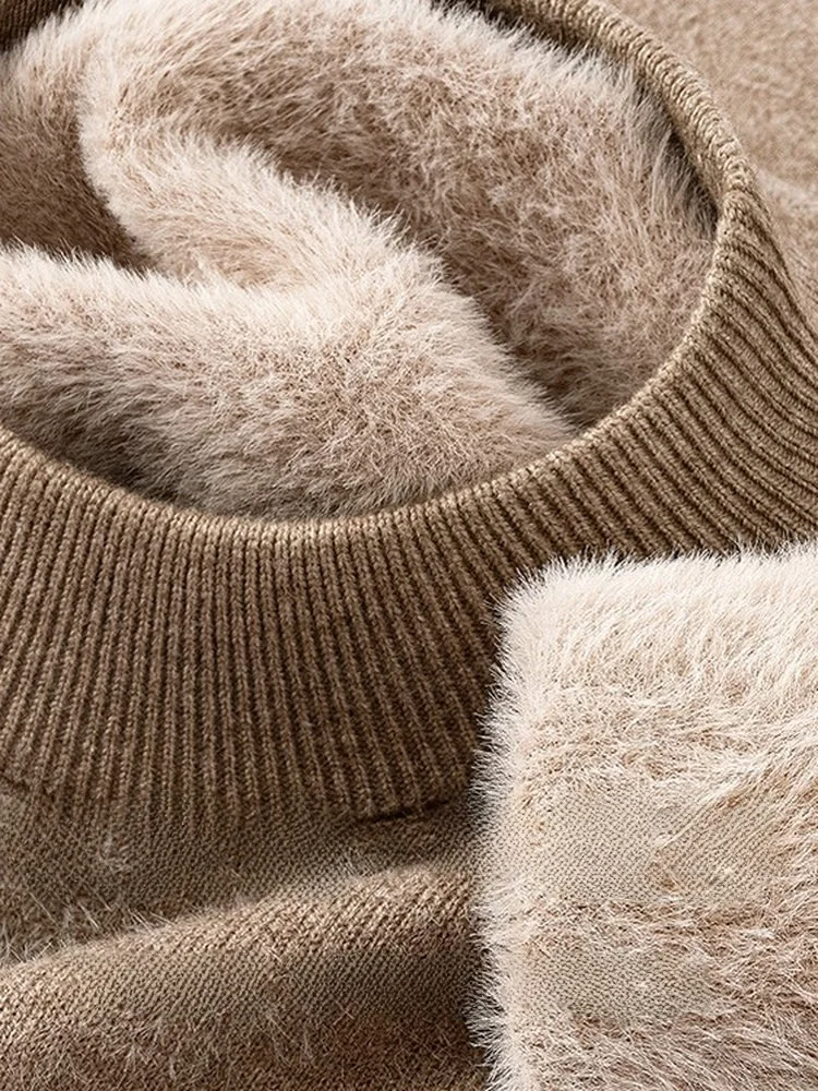 

Мужской вязаный свитер с флисовой подкладкой, утолщенный, с высоким воротником, однотонный, теплый, повседневный, с круглым вырезом, осень-зима, новинка