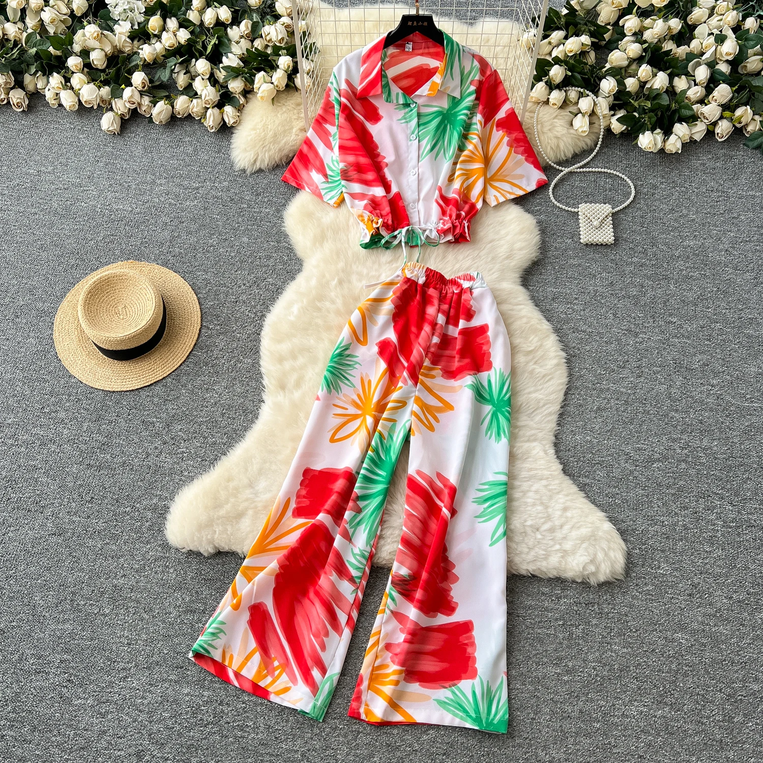 

New Summer Fashion Print Set Women Loose Short Sleeve Tops Elastic Waist Wide Leg Cropped Pants Ladies Elegant Two Piece Set